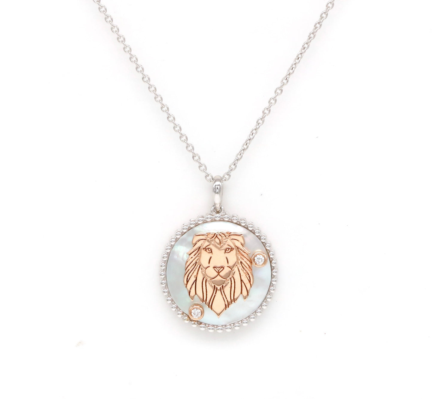 14K Two-toned Gold White Mother of Pearl & Diamond Leo Horoscope Medallion