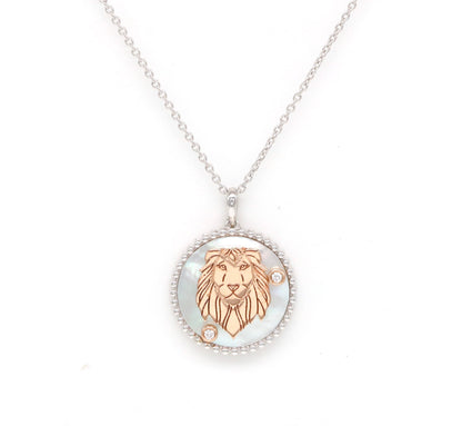 14K Two-toned Gold White Mother of Pearl & Diamond Leo Horoscope Medallion