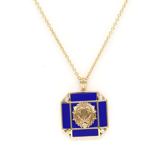 14K Lapis & Diamond Leo Horoscope Square Pendant Necklace