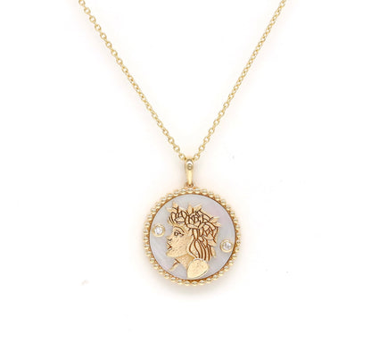 14K Gold White Mother of Pearl & Diamond Virgo Horoscope Medallion