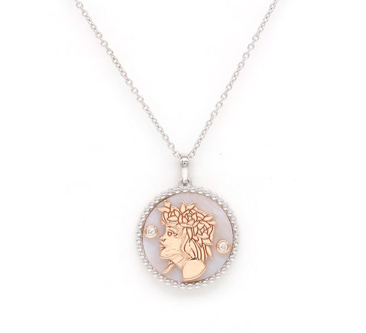 14K Two-toned Gold Pink Mother of Pearl & Diamond Virgo Horoscope Medallion