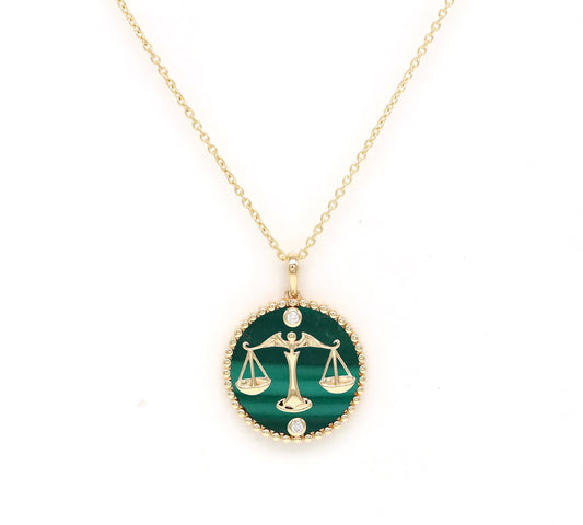 14K Gold Malachite & Diamond Libra Horoscope Medallion