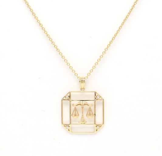 14K Gold & Diamond Libra Horoscope Square Pendant Necklace