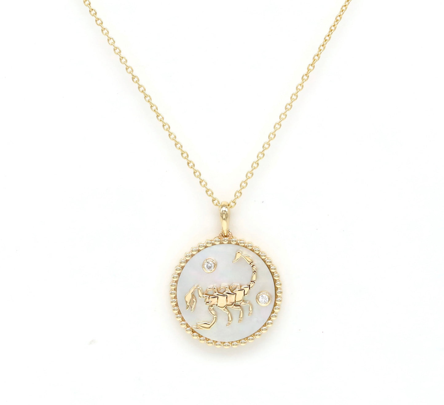 14K Gold White Mother of Pearl & Diamond Scorpio Horoscope Medallion