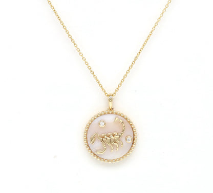 14K Gold Pink Mother of Pearl & Diamond Scorpio Horoscope Medallion