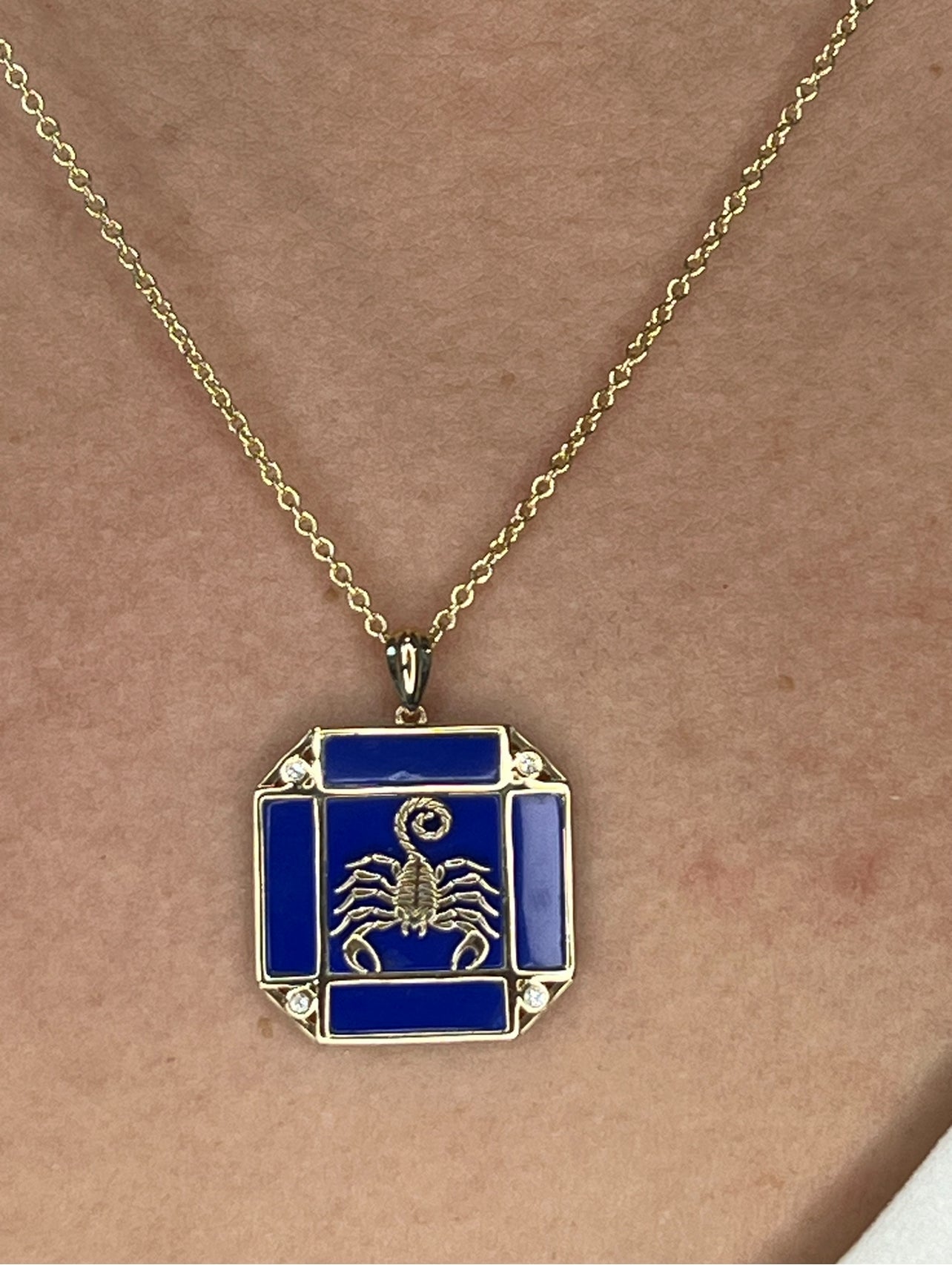 14K Gold Lapis & Diamond Scorpio Horoscope Square Pendant Necklace