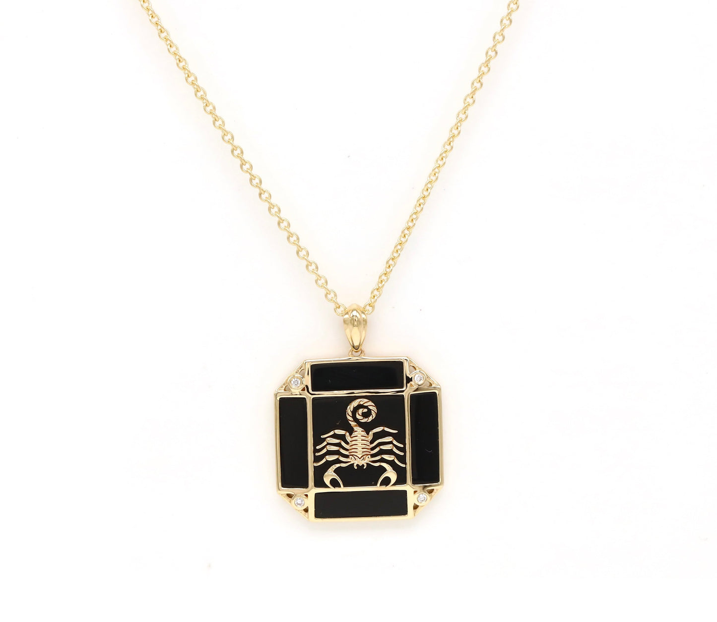 14K Gold Onyx & Diamond Scorpio Horoscope Square Pendant Necklace