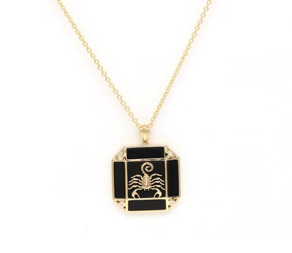 14K Gold Onyx & Diamond Scorpio Horoscope Square Pendant Necklace