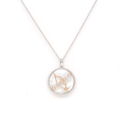 14K Two-toned Gold White Mother of Pearl & Diamond Sagittarius Horoscope Medallion