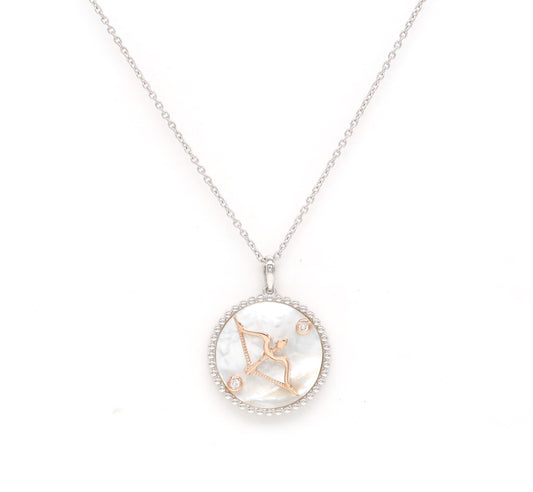 14K Two-toned Gold White Mother of Pearl & Diamond Sagittarius Horoscope Medallion