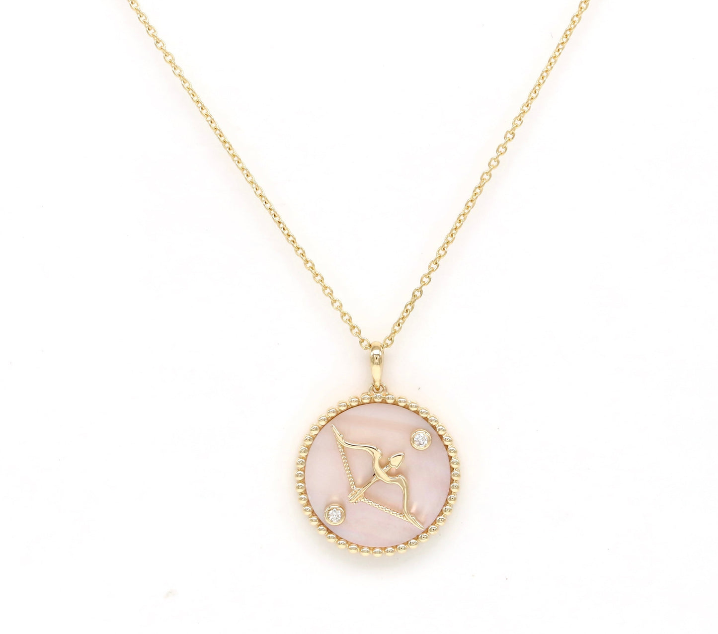 14K Gold Pink Mother of Pearl & Diamond Sagittarius Horoscope Medallion