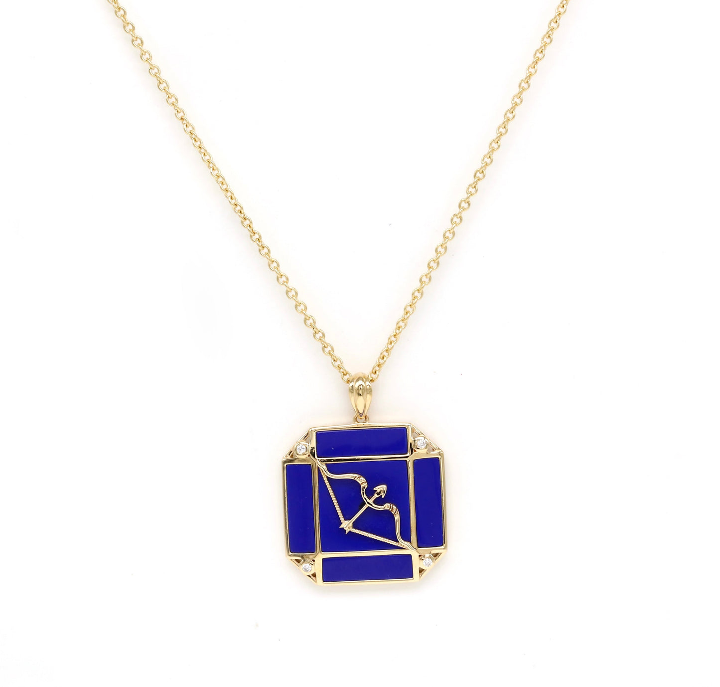 14K Gold Lapis & Diamond Sagittarius Horoscope Square Pendant Necklace