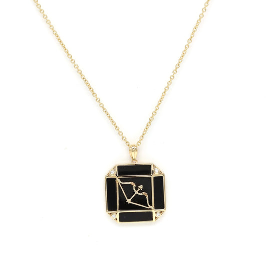 14K Gold Onyx & Diamond Sagittarius Horoscope Square Pendant Necklace