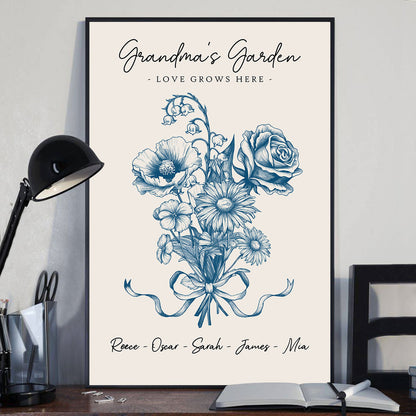 Vintage Floral Grandma Garden Birth Month Flowers Bouquet With Grandkids Names Personalized Poster