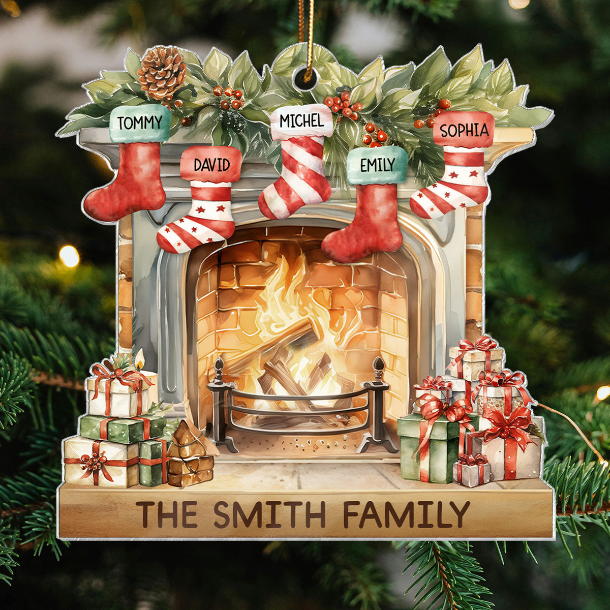 Vintage Christmas Stockings Fireplace Family Names Personalized Acrylic Ornament, Christmas Gift For Family