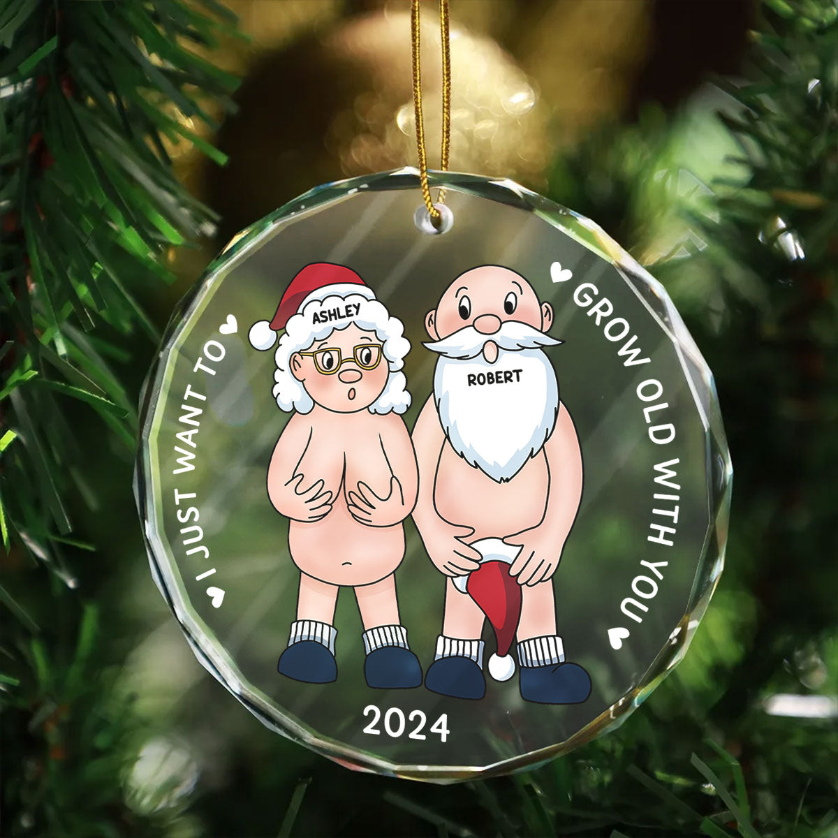 Funny Old Couple Personalized Circle Glass Ornament Christmas Gift for Him for Her