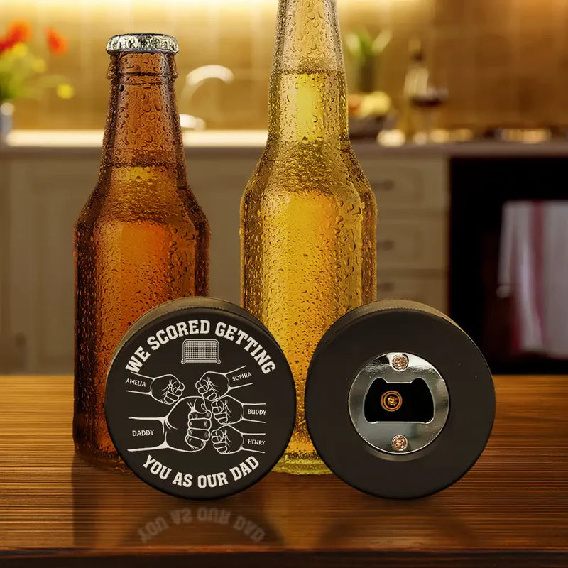 I Scored Getting You As My Dad - Personalized Hockey Puck Bottle Opener
