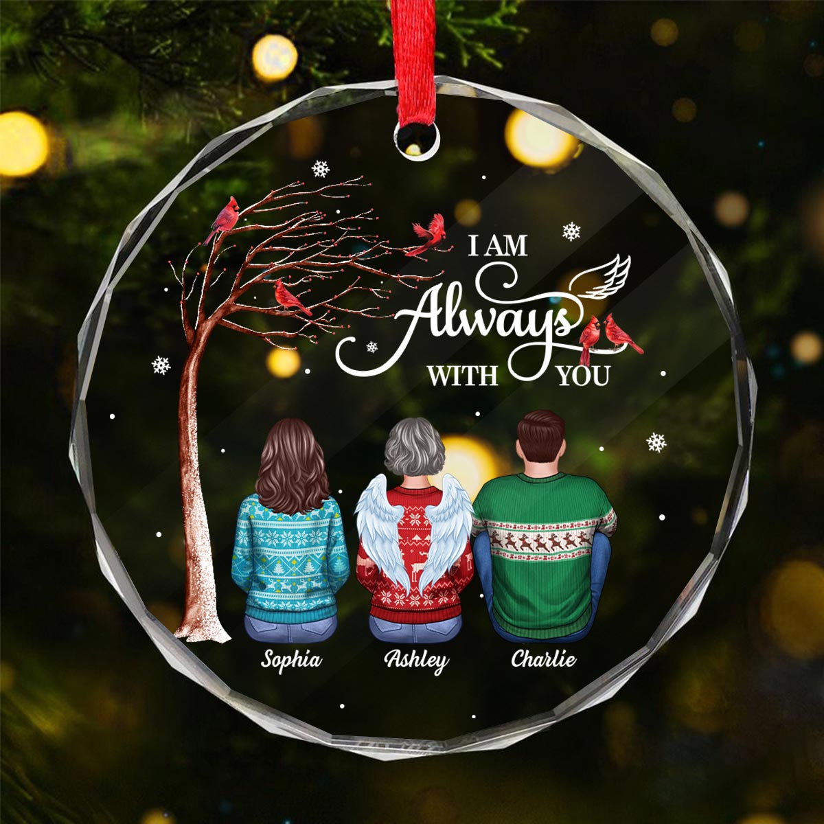 Always With You Cardinal Memorial Remembrance Keepsake Personalized Glass Ornament