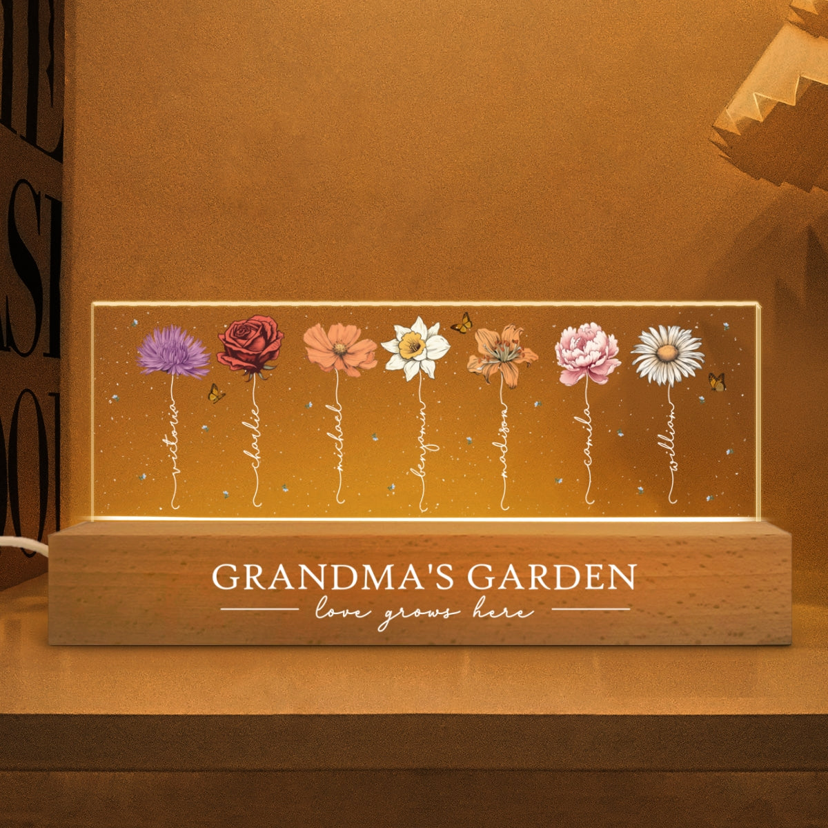 Grandma‘s Garden Birth Month Flowers Personalized Acrylic Block LED Night Light, Christmas Gift For Grandma, Mom, Auntie, Sister