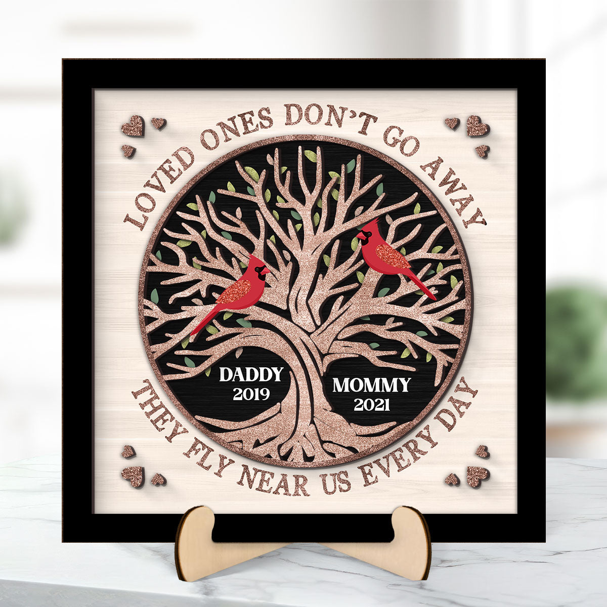 Memorial Cardinals Glitter Tree Personalized 2-layer Wooden Plaque