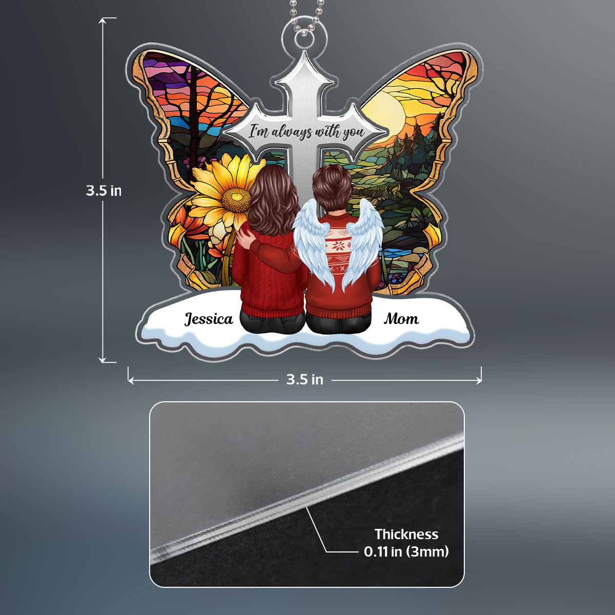 Stained Glass Cross Butterfly Family Sitting Memorial Keepsake Personalized Acrylic Ornament