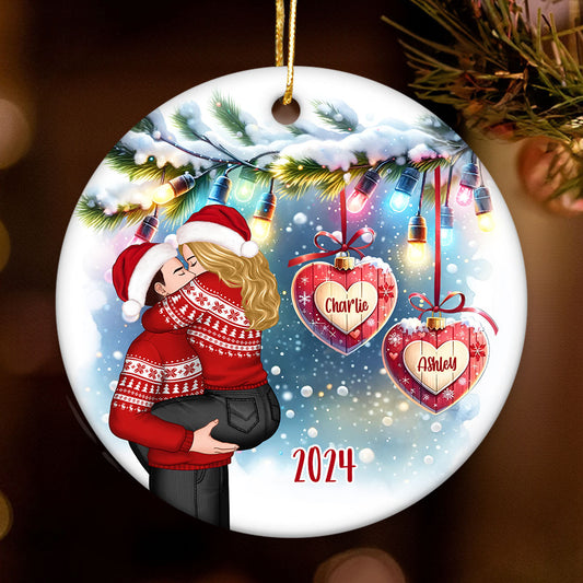 Christmas Hearts Couple Kissing Personalized Circle Ceramic Ornament