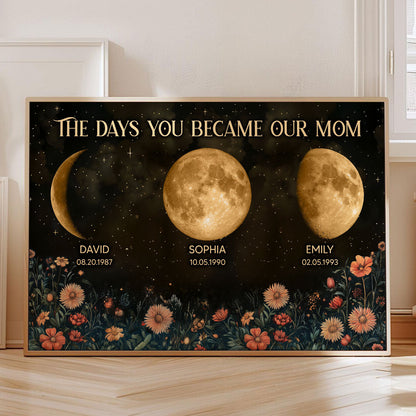 Vintage Flowers The Day You Become Mom Grandma Custom Birth Moon Phase Personalized Poster, Heartfelt 2025 Mother's Day Gift