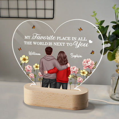 Couple Birth Month Flower Personalized Heart Acrylic Plaque LED Night Light, Heartfelt Gift For Couple, For Him, For Her, Boyfriend, Girlfriend, Husband, Wife