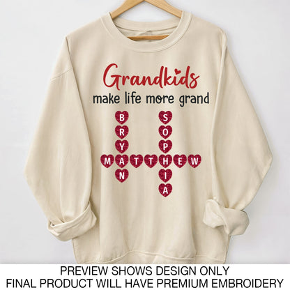 Grandkids The Greatest Gifts Crossword Puzzle Art Personalized Glitter Embroidery Sweater, Heartfelt Gift For Grandma