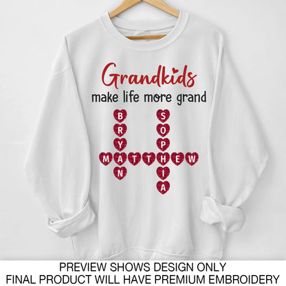 Grandkids The Greatest Gifts Crossword Puzzle Art Personalized Glitter Embroidery Sweater, Heartfelt Gift For Grandma