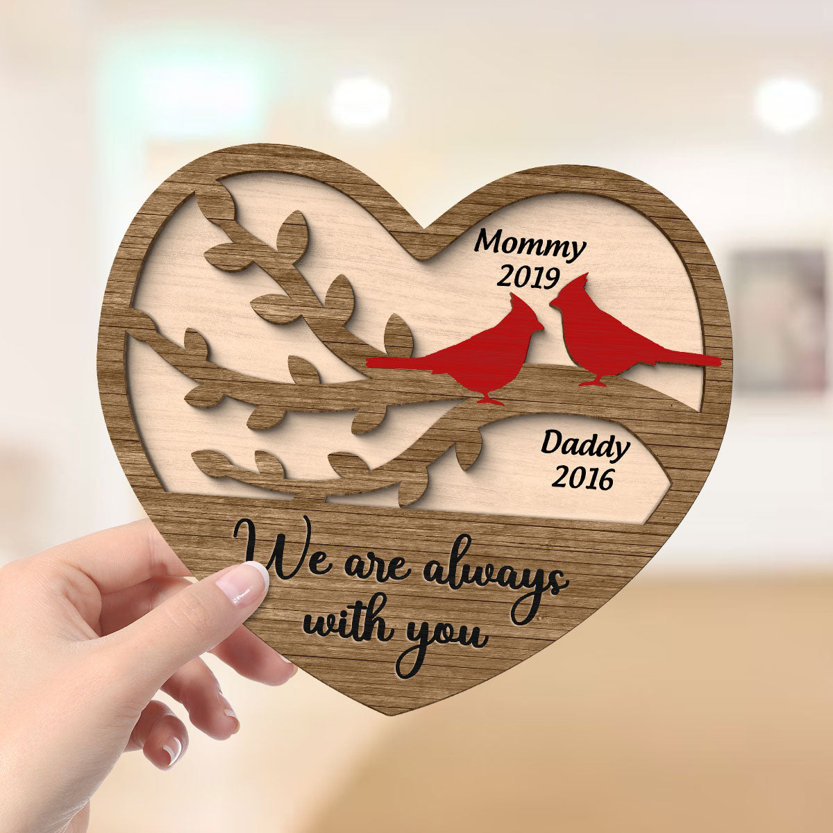 Cardinals Heart Dad Mom Memorial Personalized 2-Layer Wooden Plaque