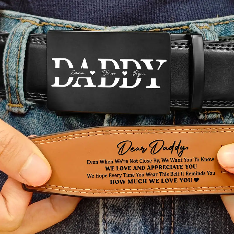 It Reminds You How Much We Love You Dad Papa - Personalized Leather Belt With Engraved Buckle