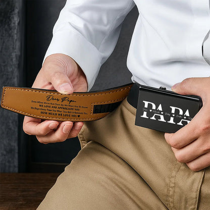 It Reminds You How Much We Love You Dad Papa - Personalized Leather Belt With Engraved Buckle
