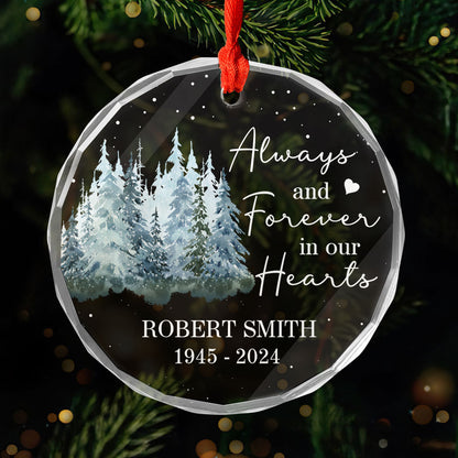 Always And Forever In Our Hearts Memorial Keepsake Personalized Glass Ornament
