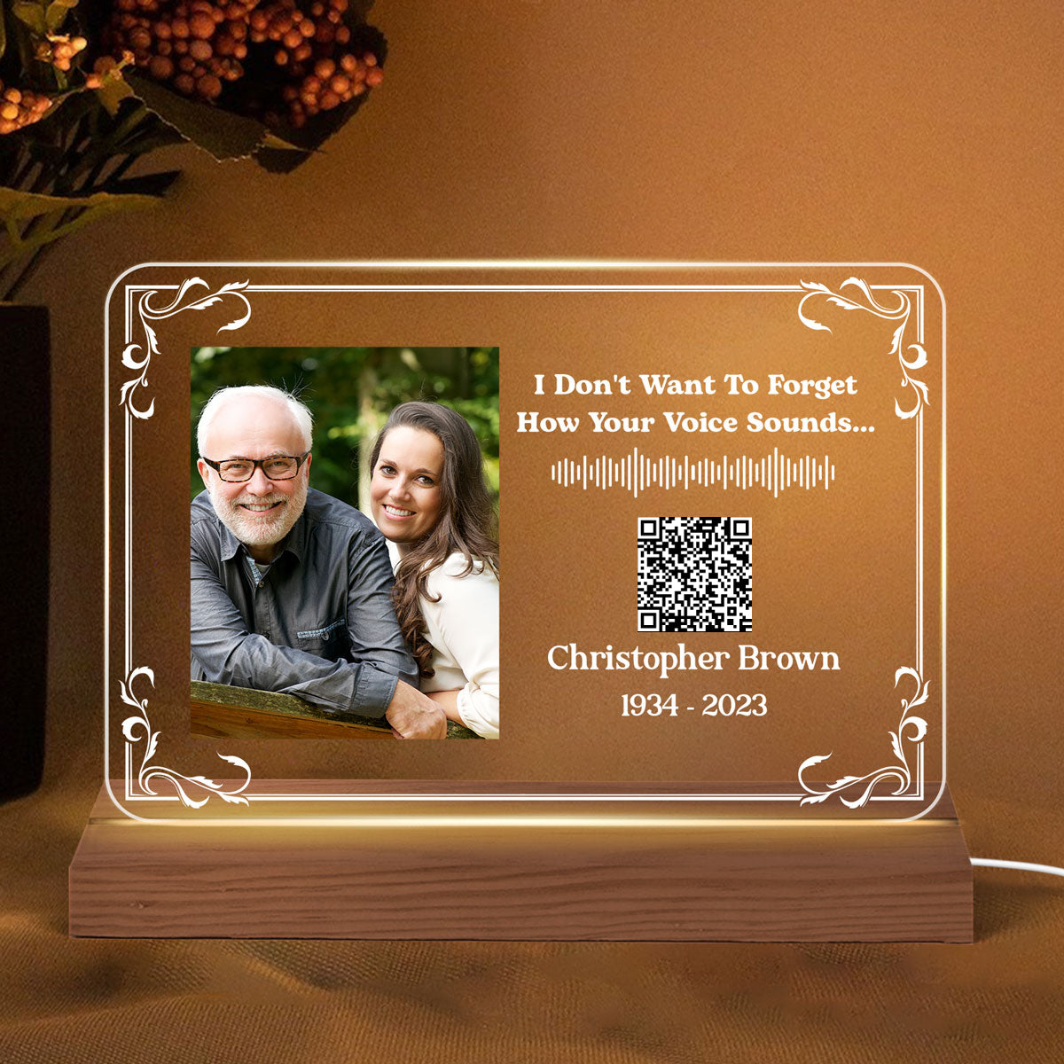 Custom Photo And Message Voice Scannable QR Code Memorial Personalized Horizontal Rectangle Acrylic Plaque With LED Night Light