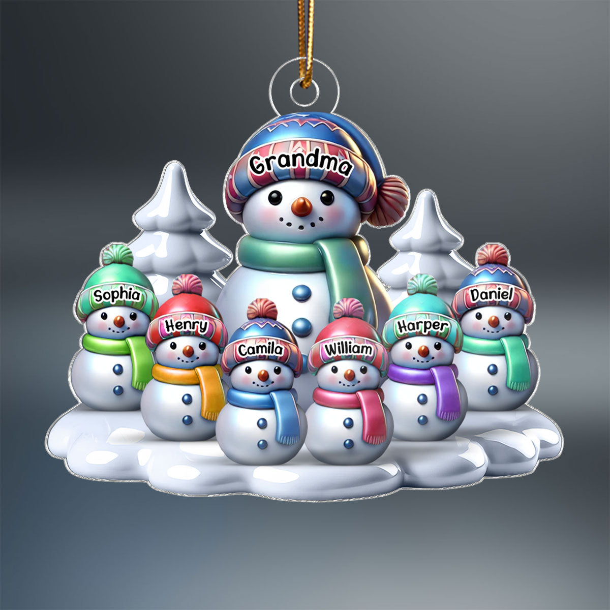 3D Effect Winter Grandma & Grandkids Snowmen Christmas Personalized Acrylic Ornament