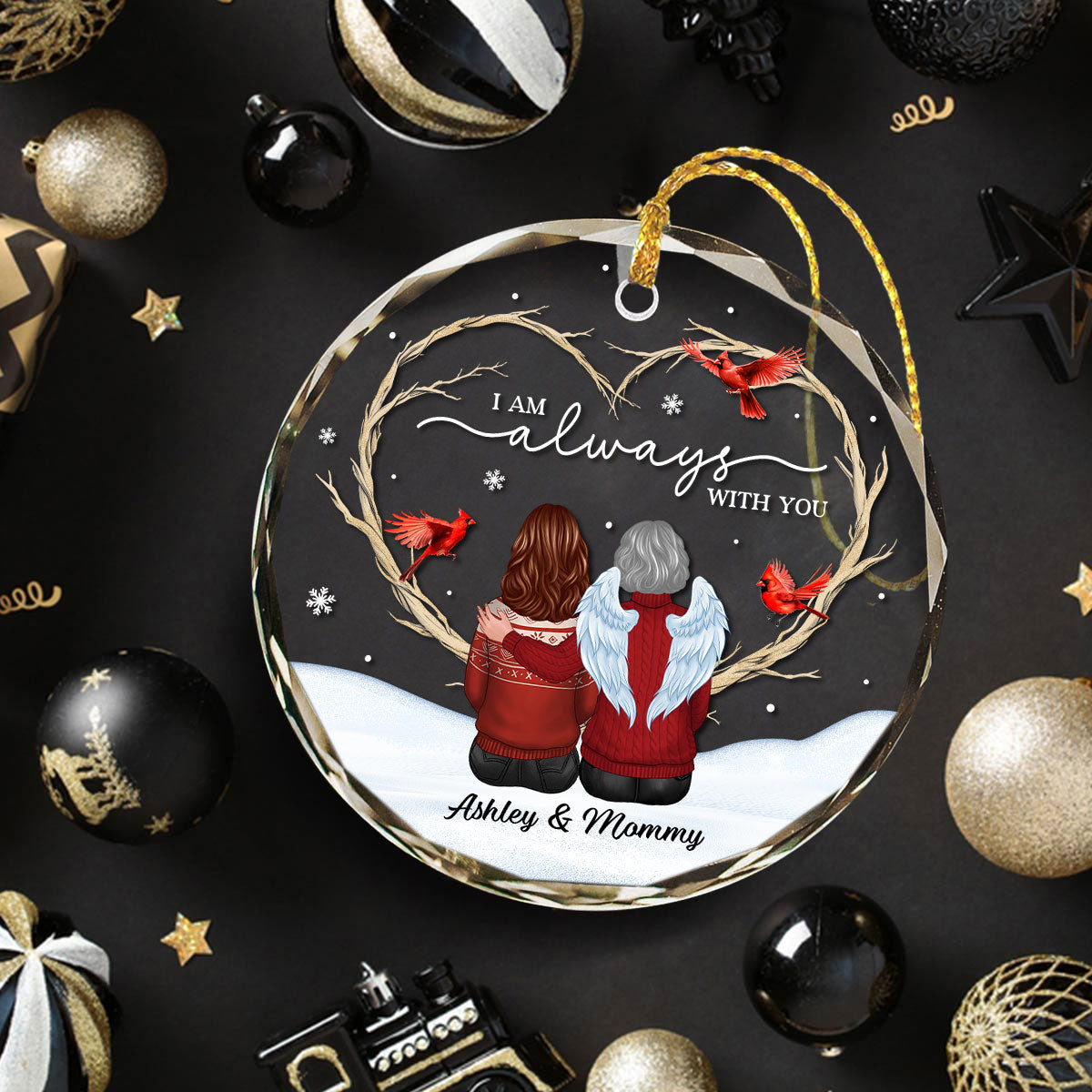 Cardinals Heart Branch Memorial Personalized Glass Ornament, Sympathy Keepsake