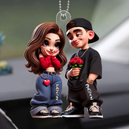 3D Effect Y2K Couple Personalized Acrylic Car Hanger, Valentine's Day Gift For Couple, For Him, For Her