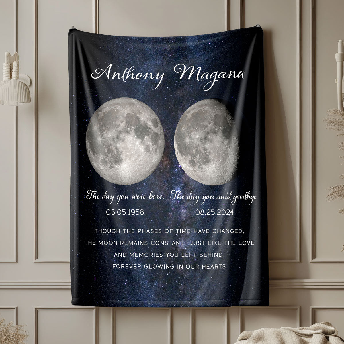 Lost Loved One Moon Phase Art Memorial Sympathy Gift Personalized Fleece Blanket