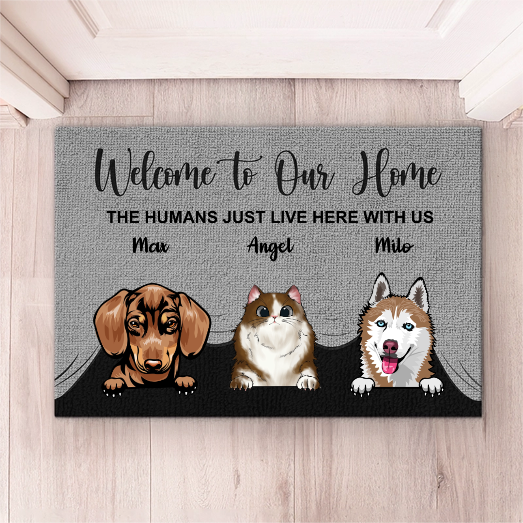 Welcome To The Pet Home - Funny Personalized Pet Decorative Mat, Doormat (Cat & Dog)