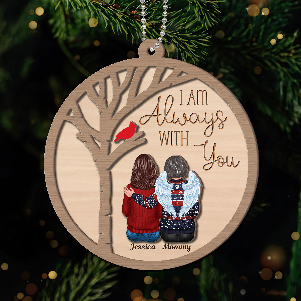 Always With You Cardinal Family Memorial Christmas Personalized 2-Layer Wooden Ornament