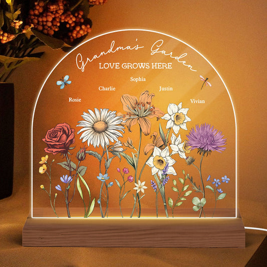 Grandma's Garden Vintage Birth Month Flowers Dome Shaped Personalized Acrylic LED Night Light, Christmas Gift For Mom, Gift For Grandma