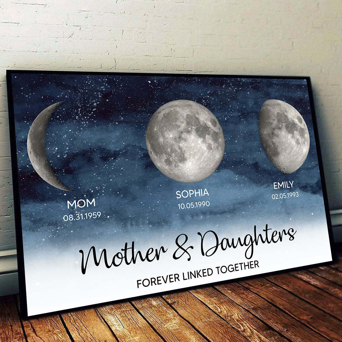 Starry Night Mother & Sons Daughters Forever Linked Together Custom Birthday Moon Phase Personalized Poster, Gift For Son, Daughter