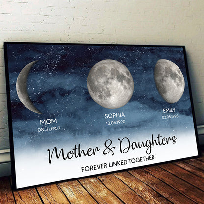 Starry Night Mother & Sons Daughters Forever Linked Together Custom Birthday Moon Phase Personalized Poster, Gift For Son, Daughter