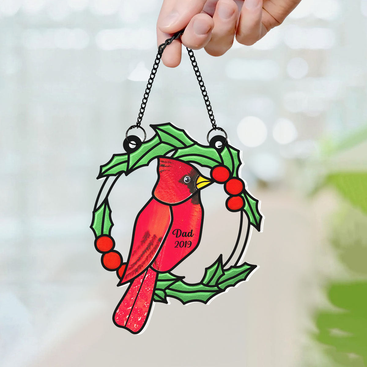 Christmas Wreath Cardinal Memorial Personalized Window Hanging Suncatcher Ornament, Sympathy Gift