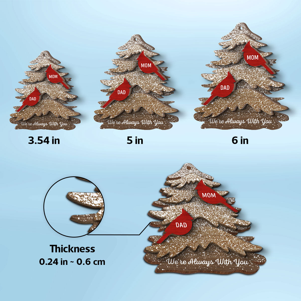 Rustic Christmas Tree Cardinals Always With You Memorial Christmas Personalized 2-Layer Wooden Ornament, Remembrance Gift, Sympathy Gift