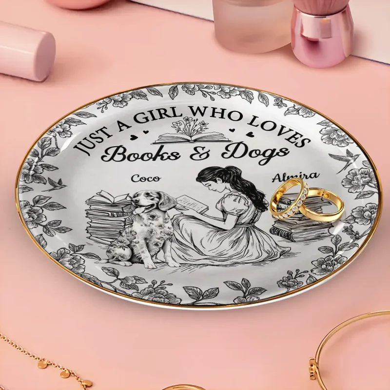 Just A Girl Who Loves Books And Dogs - Personalized Round Ring Dish