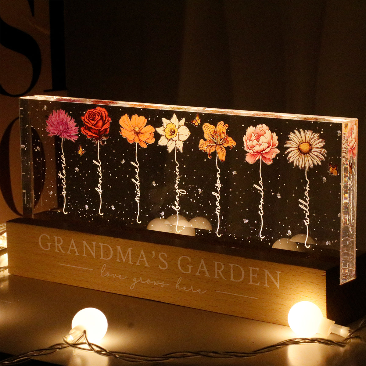 Grandma‘s Garden Birth Month Flowers Personalized Acrylic Block LED Night Light, Christmas Gift For Grandma, Mom, Auntie, Sister