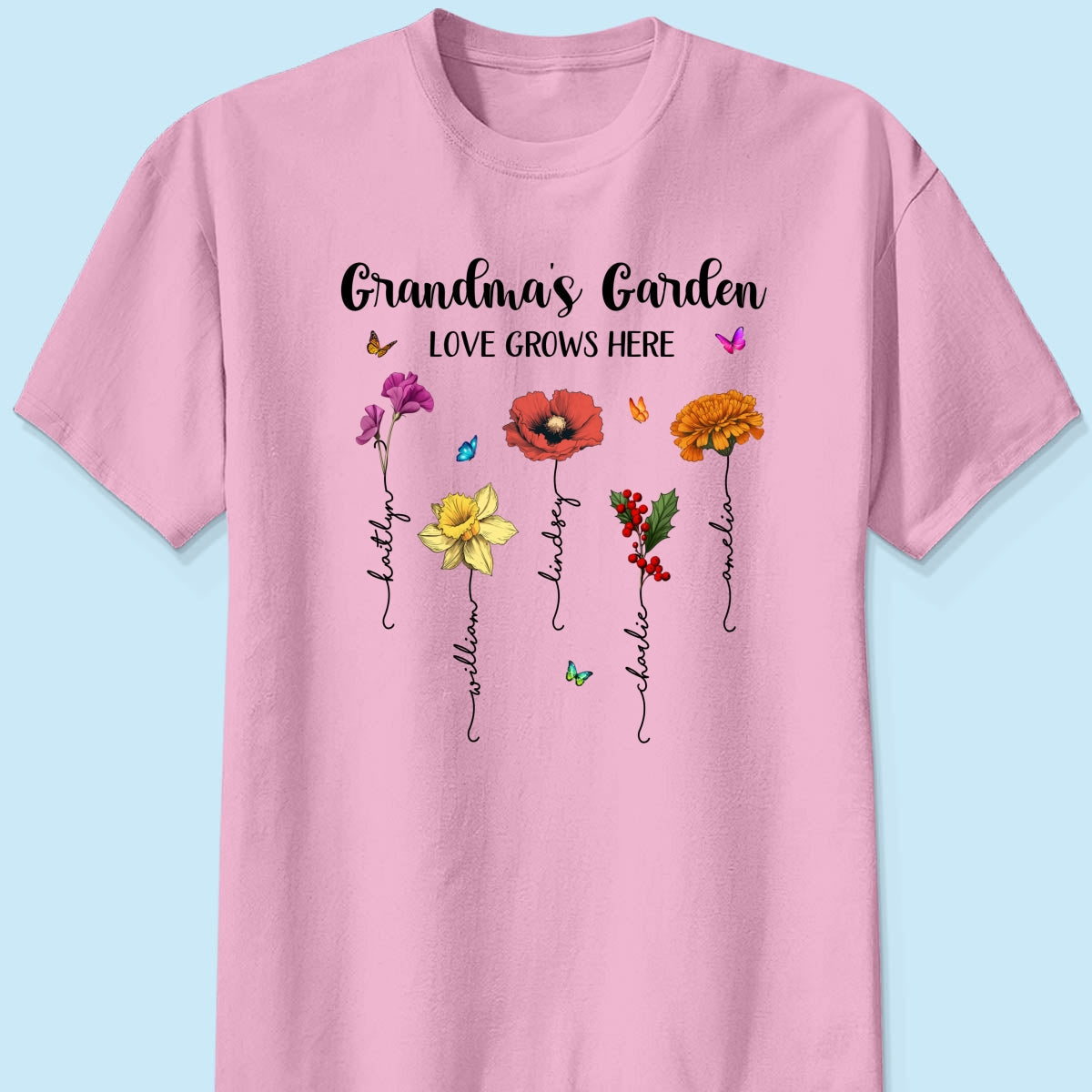 Grandma‘s Garden Love Grows Here Beautiful Birth Month Flower Mother‘s Day Gift For Grandma Mom Personalized Shirt