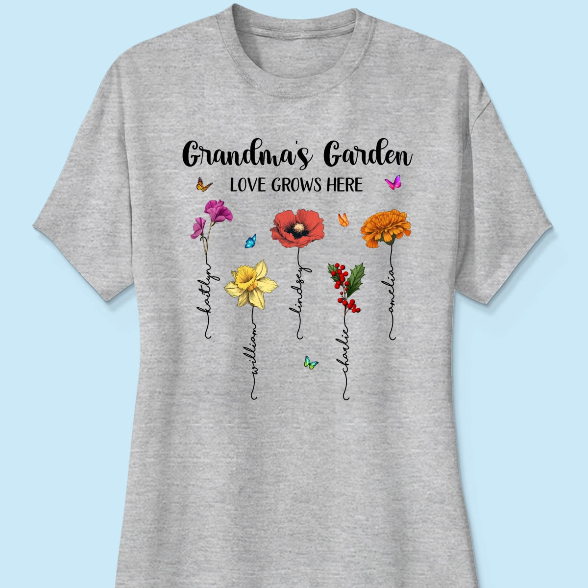 Grandma‘s Garden Love Grows Here Beautiful Birth Month Flower Mother‘s Day Gift For Grandma Mom Personalized Shirt